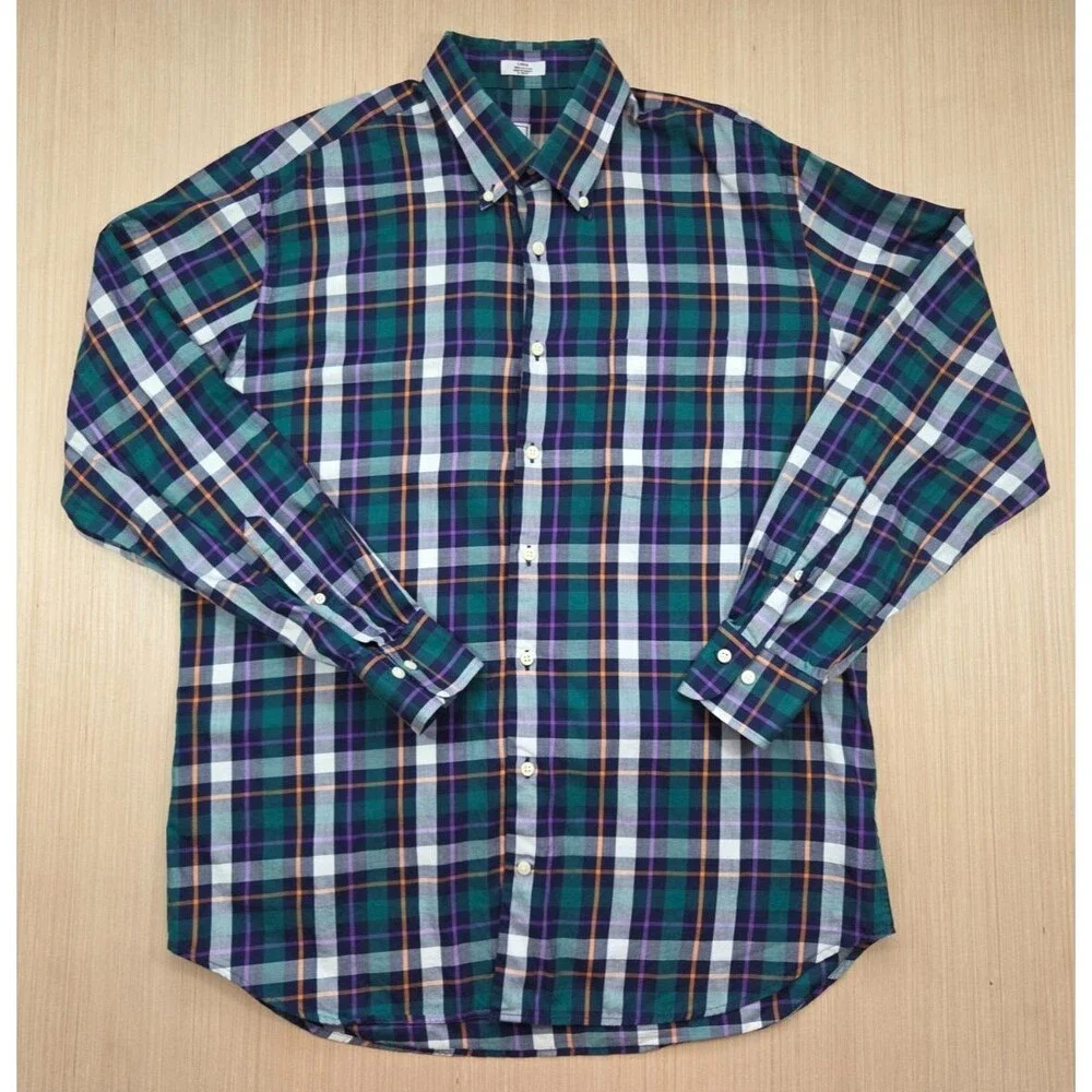 Peter Millar Long Sleeve Shirt Mens Large Button Up Green Navy Plaid 100% Cotton